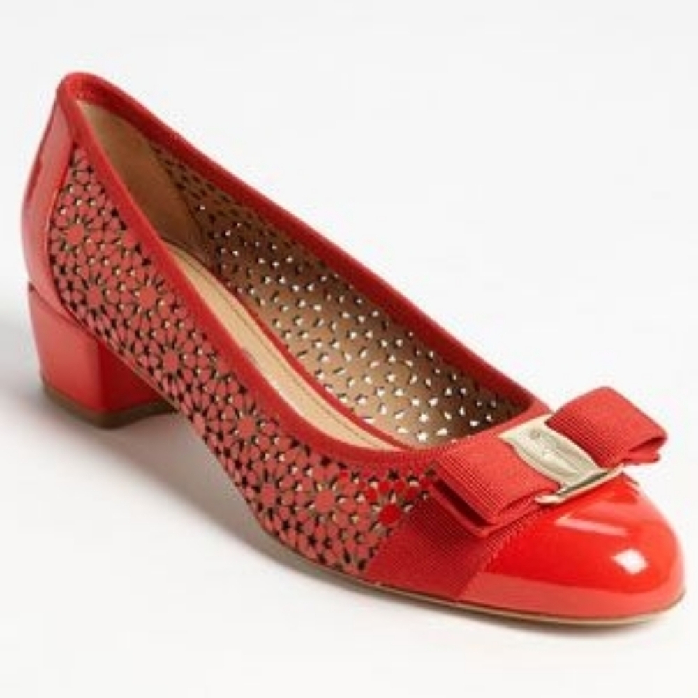 Salvatore Ferragamo Red Perforated Leather Bow Block Heel Pump